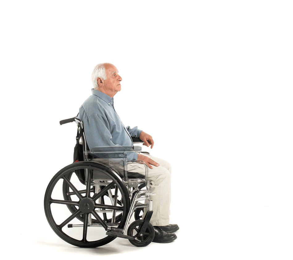 Wheelchair user standing up with Lift Assist